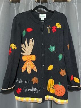 Ugly Halloween Fall Pumpkin Sweater Cardigan Vintage Size Large